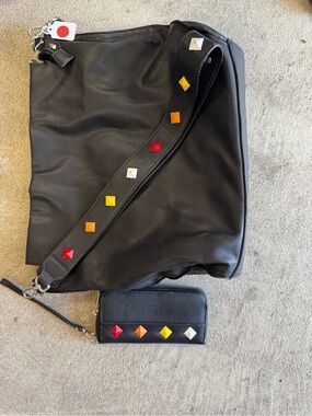 Black Leather Tote with Colorful Stud Strap